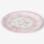 One Silly Goose Pink Gingham 1st Birthday Bow ペーパープレート (アングル)