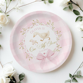 One Silly Goose Pink Gingham 1st Birthday Bow ペーパープレート