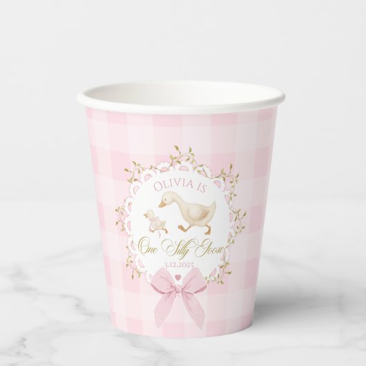 One Silly Goose Pink Gingham 1st Birthday Bow 紙コップ (正面)