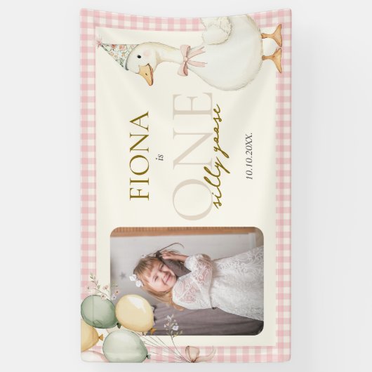 One Silly Goose Pink Gingham 1st Birthday Photo 横断幕 (縦)