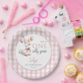 One Silly Goose Pink Gingham Balloons Birthday ペーパープレート (パーティー)