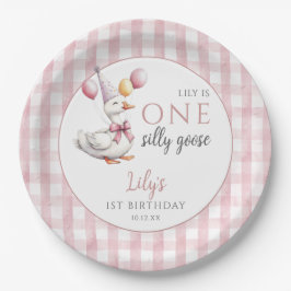 One Silly Goose Pink Gingham Balloons Birthday ペーパープレート
