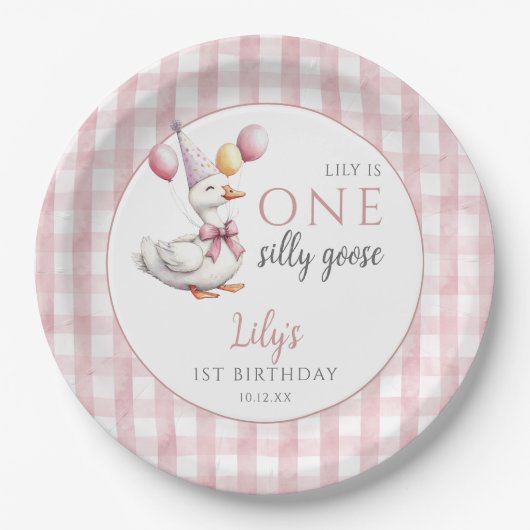 One Silly Goose Pink Gingham Balloons Birthday ペーパープレート (正面)