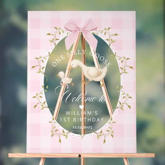 One Silly Goose Pink Gingham Birthday Welcome アクリルサイン (ニュートラル)