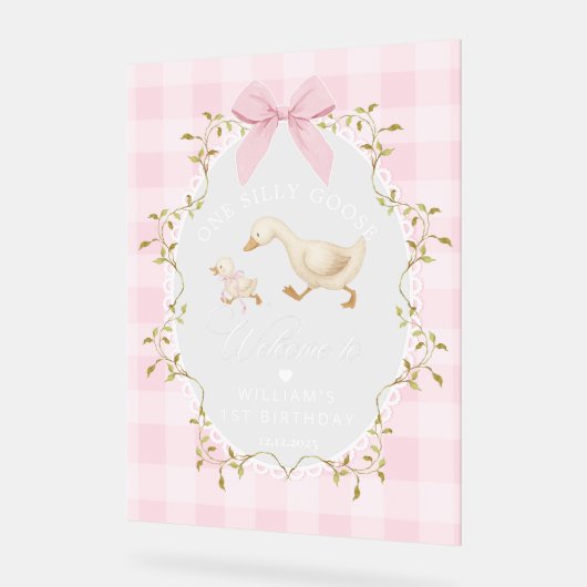 One Silly Goose Pink Gingham Birthday Welcome アクリルサイン (傾斜)