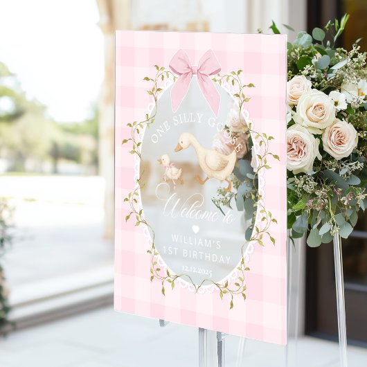 One Silly Goose Pink Gingham Birthday Welcome アクリルサイン