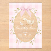 One Silly Goose Pink Gingham Bow girl 1st Birthday アクリル招待状 (正面)