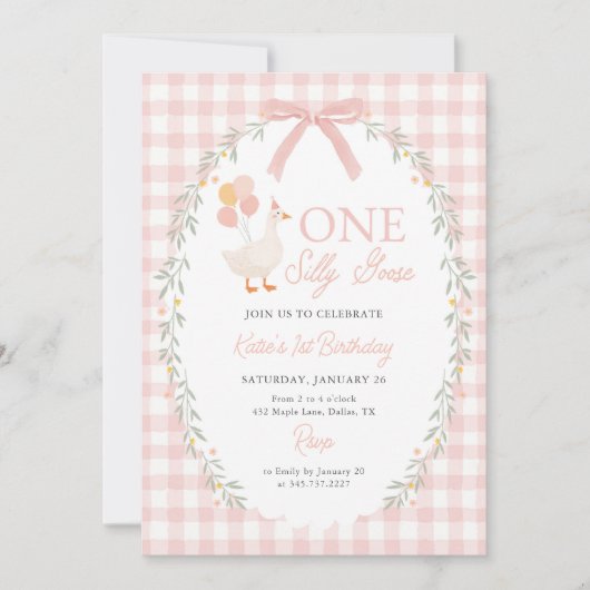 One Silly Goose Pink Gingham Girl 1st Birthday 招待状 (正面)