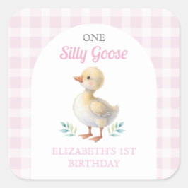 One Silly Goose Pink Gingham Girl First Birthday スクエアシール