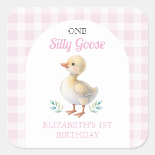 One Silly Goose Pink Gingham Girl First Birthday スクエアシール (正面)