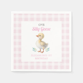 One Silly Goose Pink Gingham Girl First Birthday スタンダードカクテルナプキン