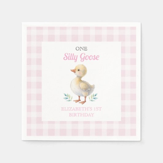 One Silly Goose Pink Gingham Girl First Birthday スタンダードカクテルナプキン (正面)