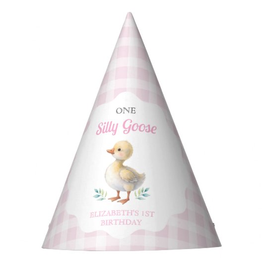 One Silly Goose Pink Gingham Girl First Birthday パーティーハット (正面)