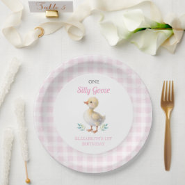 One Silly Goose Pink Gingham Girl First Birthday ペーパープレート