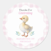One Silly Goose Pink Gingham Girl First Birthday ラウンドシール (正面)