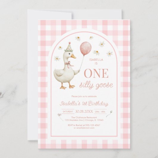 One Silly Goose Pink Girl 1st Birthday Invitation 招待状 (正面)