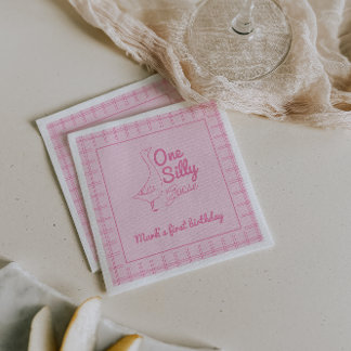One Silly Goose Pink Hand Drawn Girl 1st Birthday  スタンダードカクテルナプキン