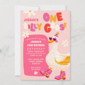 One Silly Goose Pink Retro Kids First Birthday 招待状 (正面)
