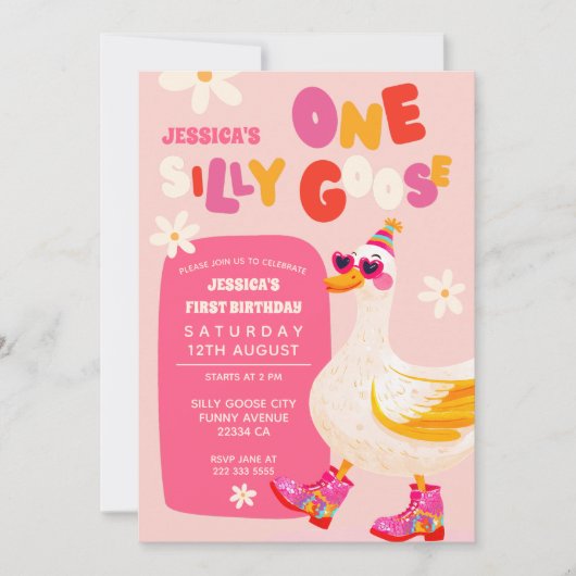 One Silly Goose Pink Retro Kids First Birthday 招待状 (正面)