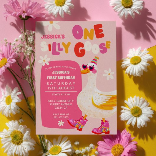 One Silly Goose Pink Retro Kids First Birthday 招待状