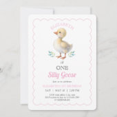 One Silly Goose Pink Whimsical Girl First Birthday 招待状 (正面)