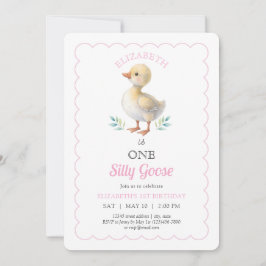 One Silly Goose Pink Whimsical Girl First Birthday 招待状