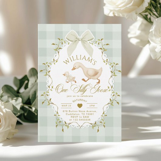 One Silly Goose Pistachio Gingham 1st Birthday 招待状