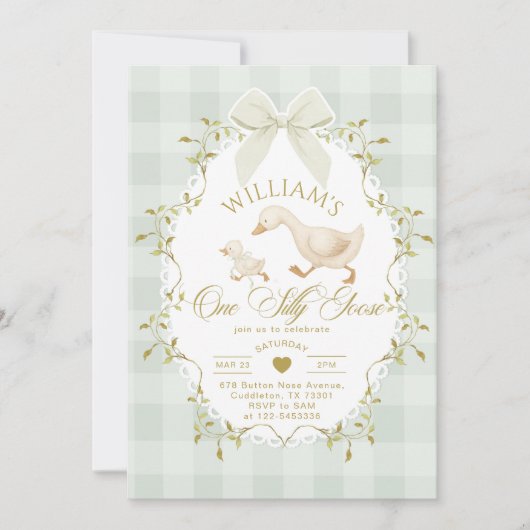 One Silly Goose Pistachio Gingham 1st Birthday 招待状 (正面)
