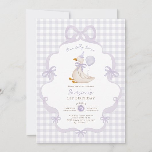 One Silly Goose Purple Bow Balloon 1st Birthday 招待状 (正面)