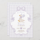 One Silly Goose Purple Bow Balloon 1st Birthday 招待状 (正面/裏面)