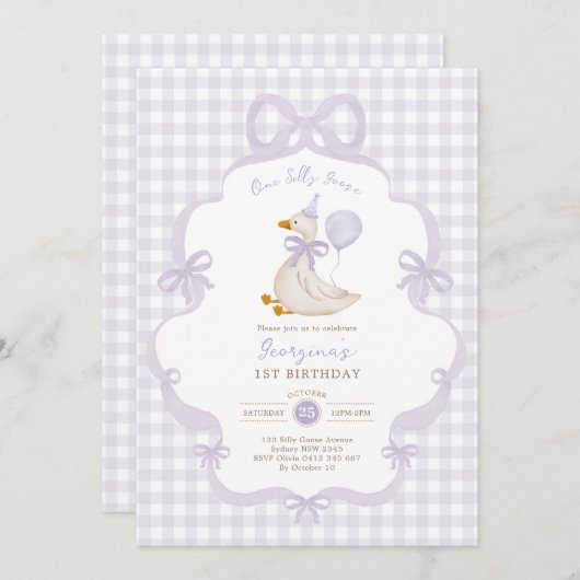 One Silly Goose Purple Bow Balloon 1st Birthday 招待状 (正面/裏面)