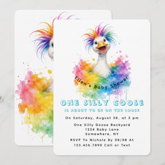 One Silly Goose Rainbow Baby Shower Cute 招待状 (正面/裏面)