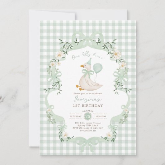 One Silly Goose Sage Green Bow 1st Birthday 招待状 (正面)