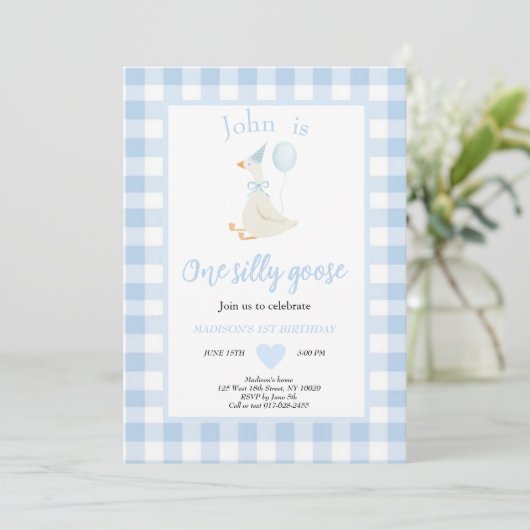One Silly Goose Spring Blue First Birthday Party 招待状 (スタンド正面)