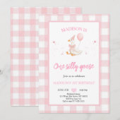 One Silly Goose Spring Pink Daisy First Birthday  招待状 (正面/裏面)