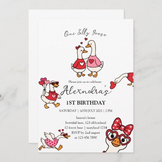 One Silly Goose Valentine 1st Birthday  招待状 (正面/裏面)