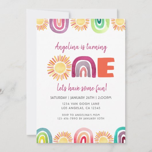 ONE Sun & Rainbowsファースト誕生日ボホウォーター色 招待状 (正面)