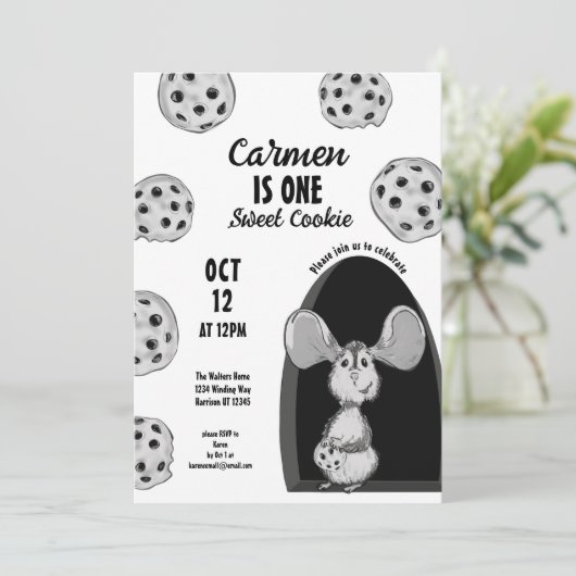 One Sweet Cookie Mouse First Birthday 招待状 (スタンド正面)