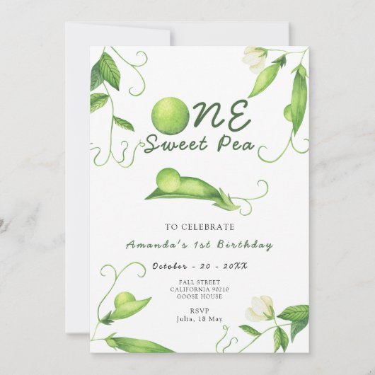 One Sweet Pea First Birthday Party 招待状 (正面)