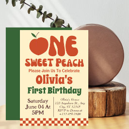 One Sweet Peach- レトロな桃の1歳の誕生日 招待状