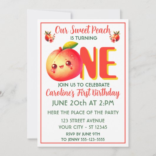 One Sweet Peach First Birthday Invitation 招待状 (正面)