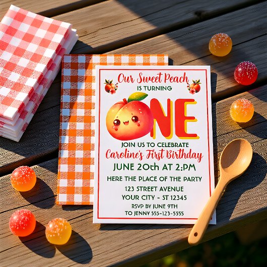 One Sweet Peach First Birthday Invitation 招待状