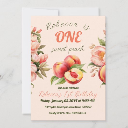 ONE Sweet Peach Girl Summerフローラ1st Birthday 招待状 (正面)