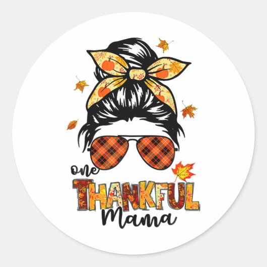 One Thankful Mama Funny Messy Bun Fall Autumn Than ラウンドシール (正面)