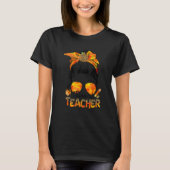 One Thankful Teacher Leopard Messy Bun Thanksgivin Tシャツ (正面)