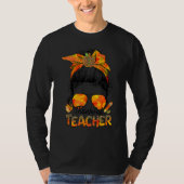 One Thankful Teacher Leopard Messy Bun Thanksgivin Tシャツ (正面)