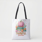 One Thankful Teacher – Pink Pumpkin & Books Autumn トートバッグ (正面)