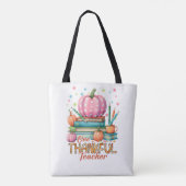 One Thankful Teacher – Pink Pumpkin & Books Autumn トートバッグ (裏面)