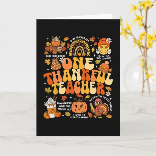 One Thankful Teacher Thanksgiving Groovy Fall Autu カード (黄色い花)