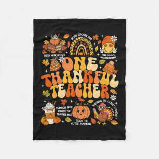 One Thankful Teacher Thanksgiving Groovy Fall Autu フリースブランケット